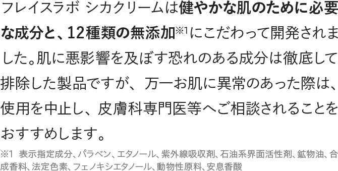 肌に悪影響を及ぼす恐れのある成分は徹底して排除した製品ですが、万一お肌に異常のあった際は、使用を中止し、皮膚科専門医等へご相談されることをおすすめします。