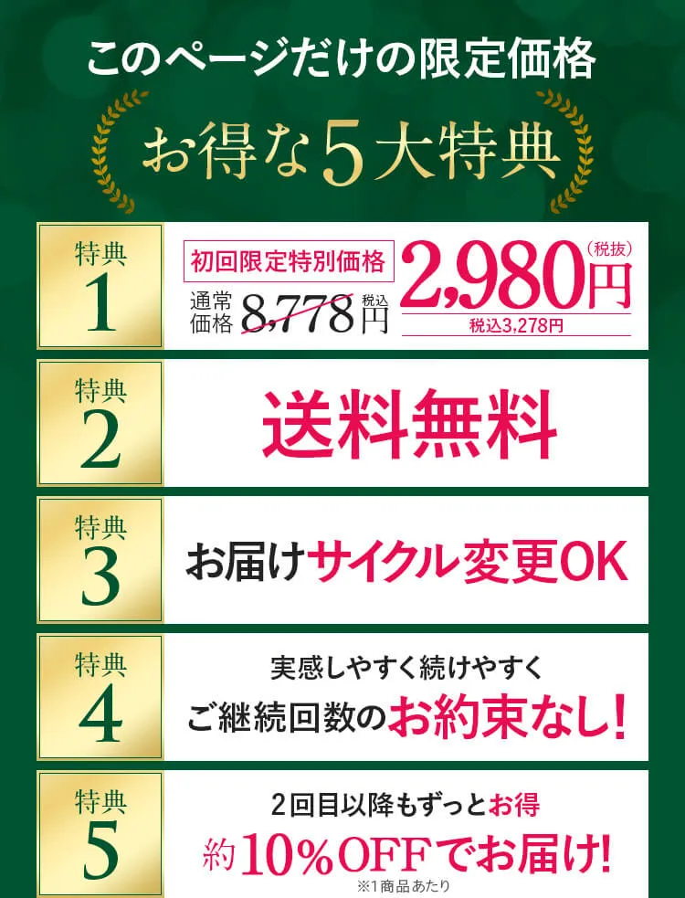 お得な５大特典｜初回限定特別価格｜送料無料｜お届けサイクル変更OK｜継続回数お約束なし｜2回目以降もずっとお得