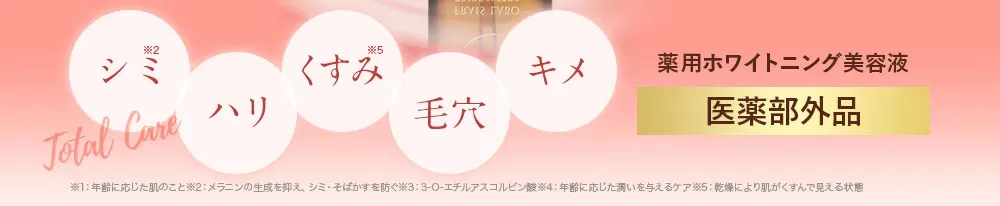 有効成分VCエチル配合。美白×トータルエイジングケア。シミ、シワ、毛穴、ハリ、くすみ、ニキビ、キメ、トータルケア。速効×持続×浸透。薬用ホワイトニング美容液。医薬部外品。