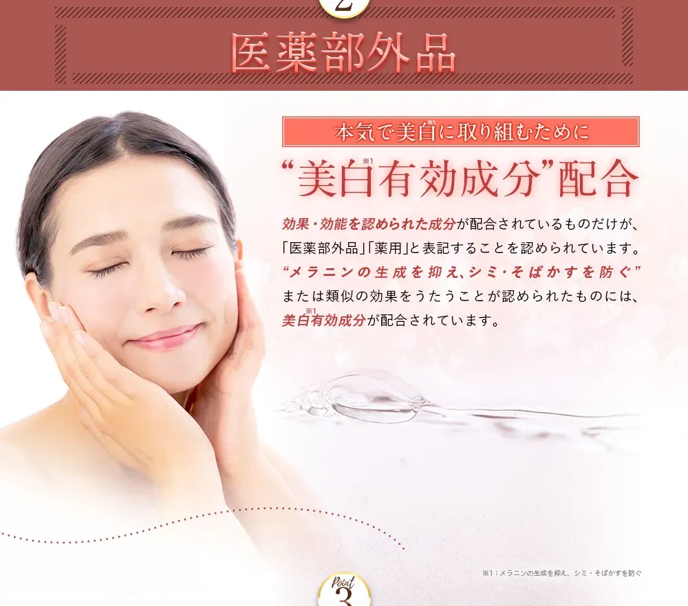 ポイント2。医薬部外品。美白有効成分配合。効果・効能を認められた成分が配合されているものだけが「医薬部外品」「薬用」と表記することを認められています。“メラニンの生成を抑え、シミ・そばかすを防ぐ”または類似の効果をうたうことが認められたものには、美白有効成分が配合されています。