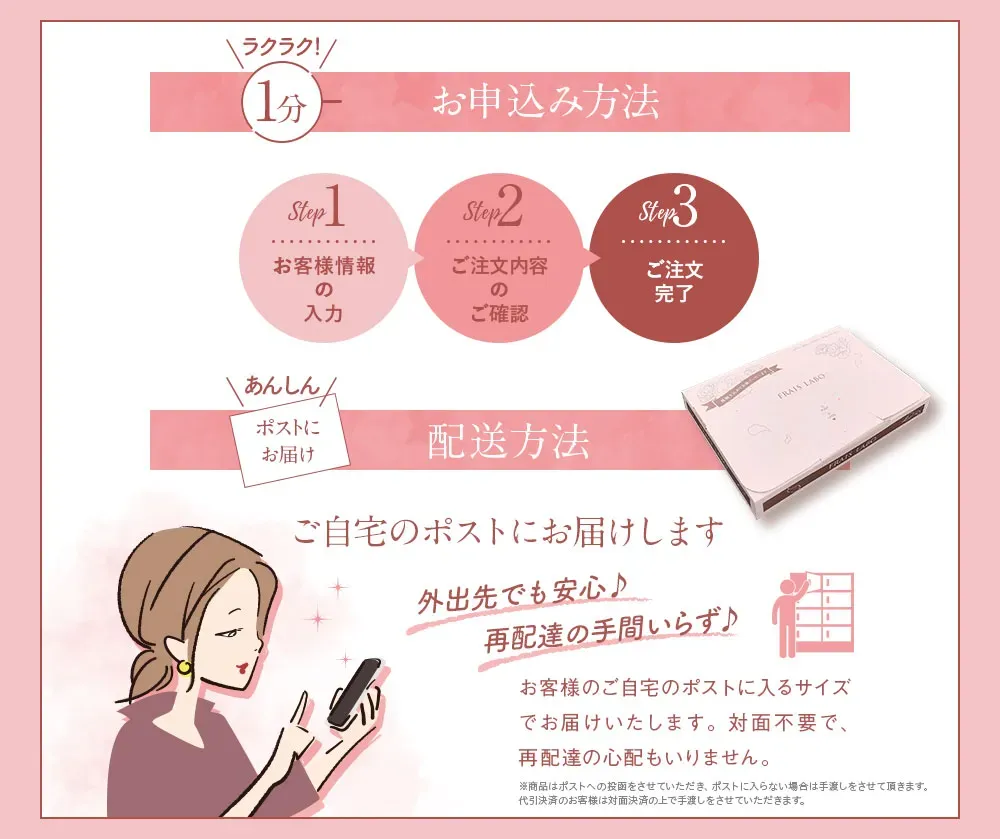 ラクラク！1分お申し込み方法。ステップ1/お客様情報の入力。ステップ2/お申し込み内容のご確認。ステップ3/お申込み完了。配送方法・あんしんポストにお届け。配送方法。ご自宅のポストにお届けします。外出先でも安心♪再配達の手間いらず♪お客様のご自宅のポストに入るサイズでお届けいたします。配達員との対面不要で、再配達の心配もいりません。