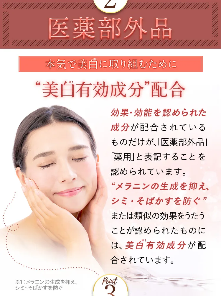ポイント2。医薬部外品。美白有効成分配合。効果・効能を認められた成分が配合されているものだけが「医薬部外品」「薬用」と表記することを認められています。“メラニンの生成を抑え、シミ・そばかすを防ぐ”または類似の効果をうたうことが認められたものには、美白有効成分が配合されています。