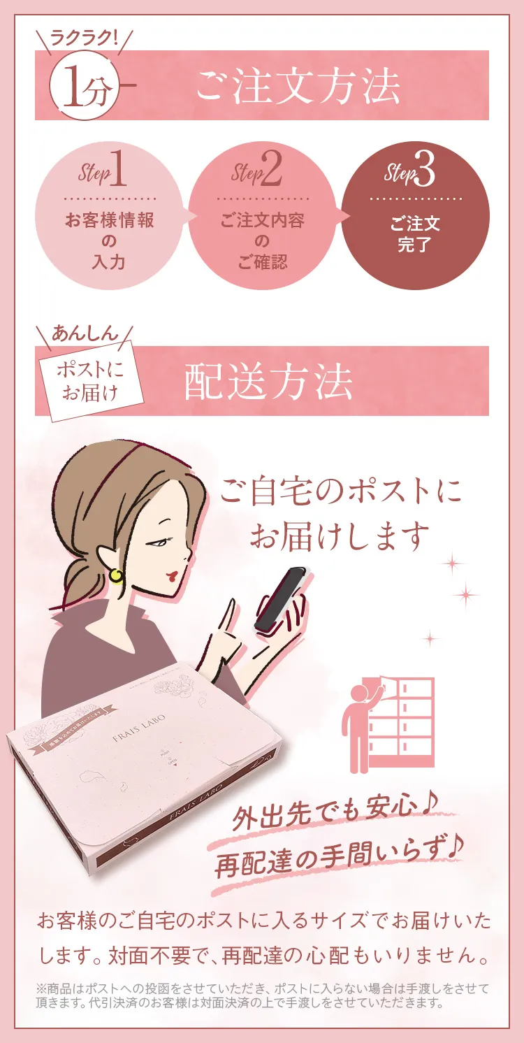 ラクラク！1分お申し込み方法。ステップ1/お客様情報の入力。ステップ2/お申し込み内容のご確認。ステップ3/お申込み完了。配送方法・あんしんポストにお届け。配送方法。ご自宅のポストにお届けします。外出先でも安心♪再配達の手間いらず♪お客様のご自宅のポストに入るサイズでお届けいたします。配達員との対面不要で、再配達の心配もいりません。