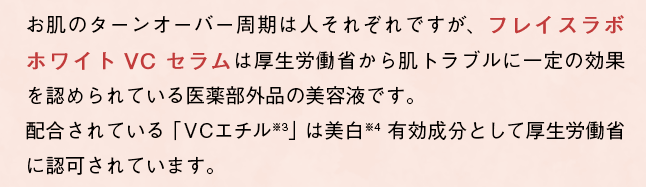 お肌のターンオーバー周期は人それぞれですが、「フレイスラボ ホワイト VC セラム」は厚生労働省から肌のトラブルに一定の効果を認められている医薬部外品の美容液です。配合されている「VCセラム」は美白有効成分として厚生労働省に認可されています。