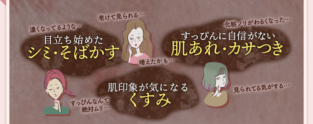 目立ち始めたシミ・そばかす。肌印象が気になるくすみ。すっぴんに自信がない肌あれ・カサつき。