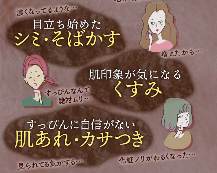 目立ち始めたシミ・そばかす。肌印象が気になるくすみ。すっぴんに自信がない肌あれ・カサつき。
