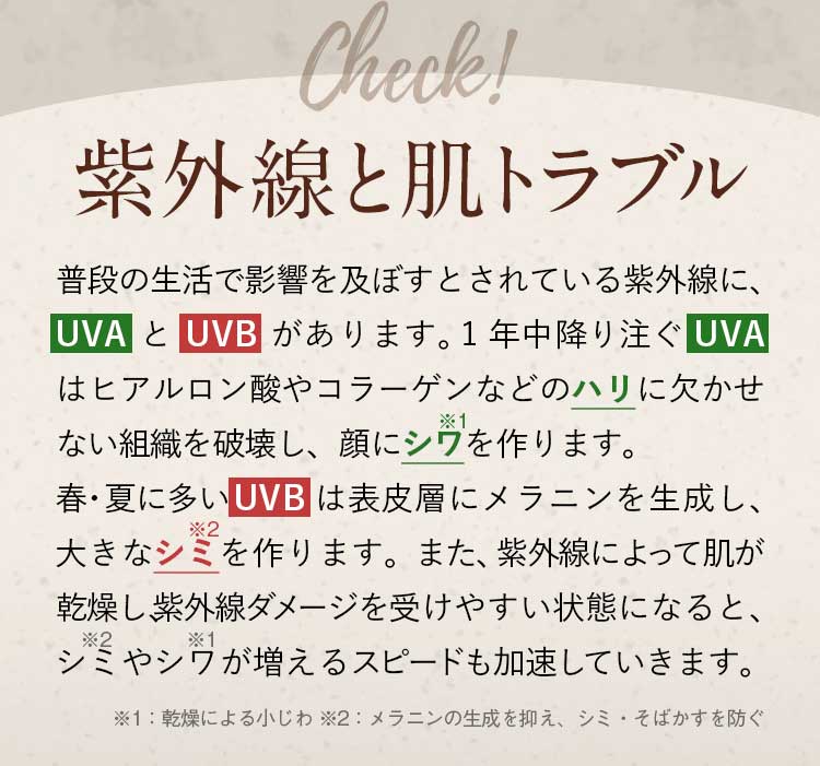 Check！紫外線と肌トラブル。普段の生活で影響を及ぼすとされている紫外線に、UVAとUVBがあります。1年中降り注ぐUVA はヒアルロン酸やコラーゲンなどのハリに欠かせない組織を破壊し、顔にシワを作ります。春・夏に多いUVBは表皮層にメラニンを生成し、大きなシミを作ります。また、紫外線によって肌が乾燥し、紫外線ダメージを受けやすい状態になると、シミやシワが増えるスピードも加速していきます。