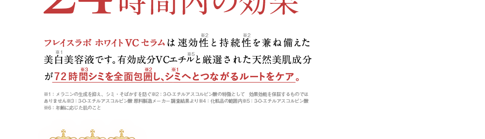 フレイスラボホワイトVCセラムは速効性と持続性を兼ね備えた美白美容液です。有効成分VCエチルと厳選された天然美肌成分が72時間シミを全面包囲し、シミへとつながるルートをケア。